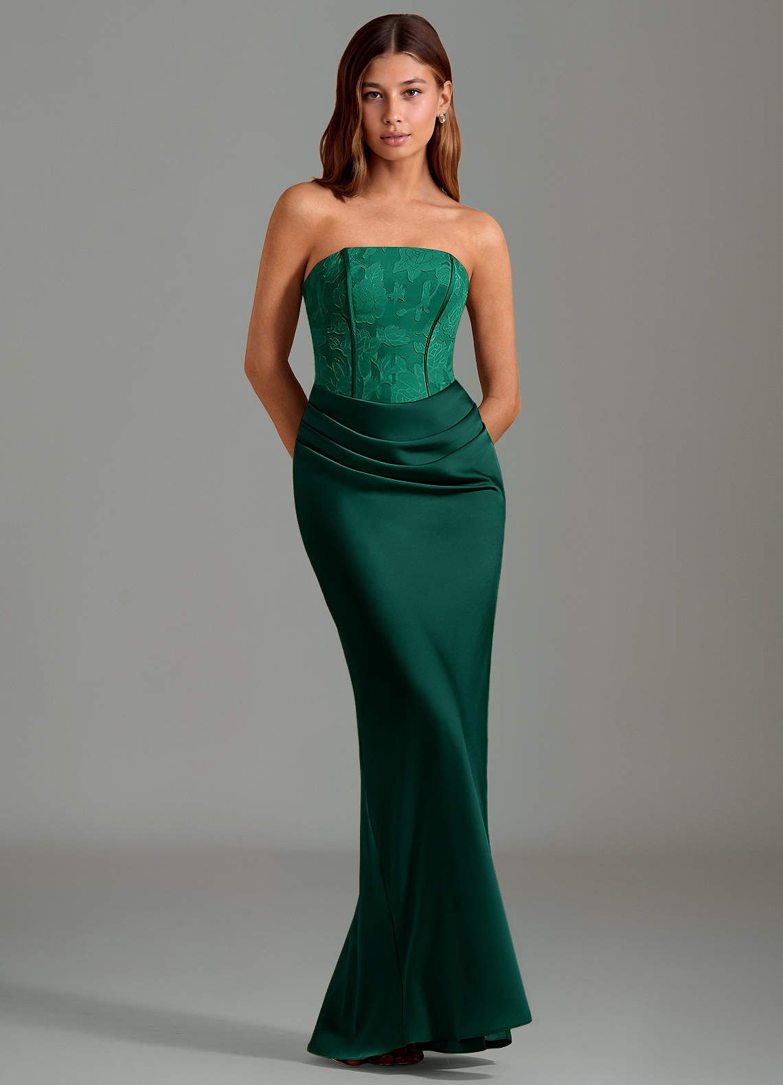 Emilia Mermaid Strapless Stretch Satin and Floral Burnout Bridesmaid Dress in Emerald