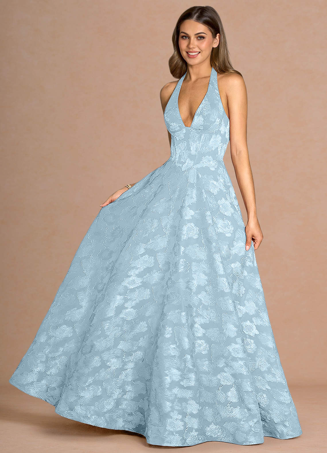 Isabeau A-Line V-Neck Fil Coupé Evening Dress in Powder Blue