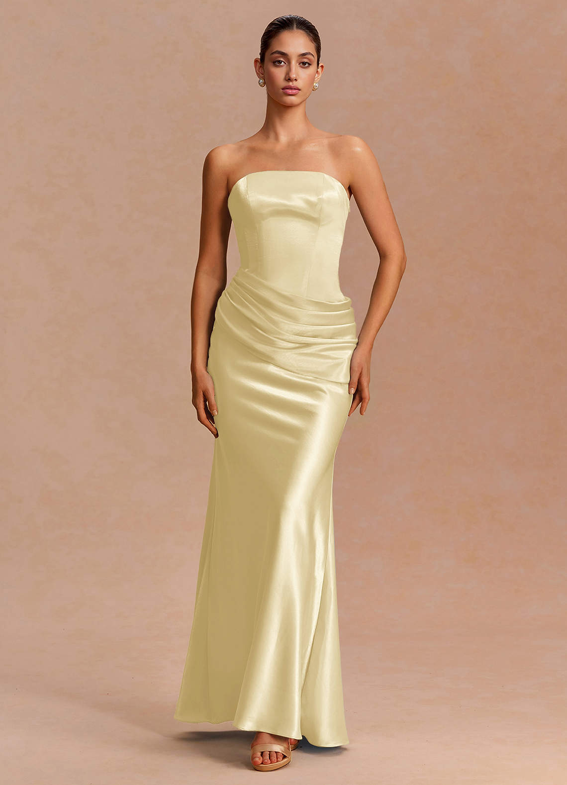 Leonie Strapless Draped-Shoulder Satin Evening Dress in White