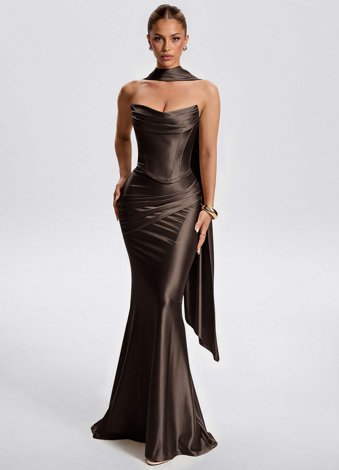 Fernley Mermaid Corset Stretch Satin Evening Dress in Ganache