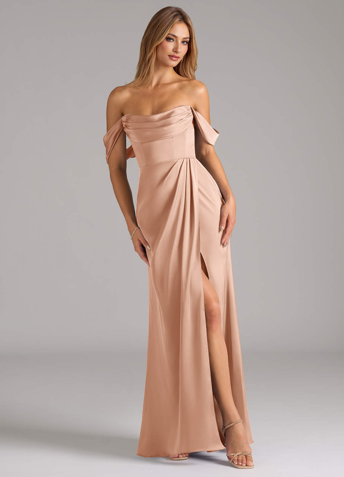 Johana Mermaid Off-the-Shoulder Stretch Satin Bridesmaid Dress in rose gold