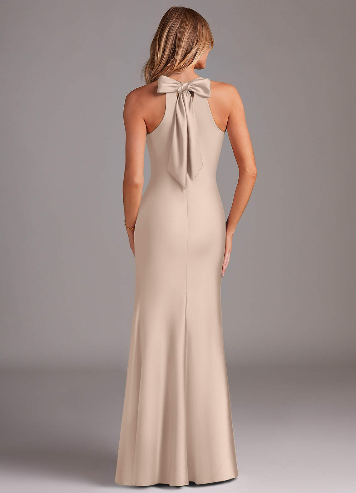 Doretta Mermaid Halter Stretch Satin Bridesmaid Dress in English Rose