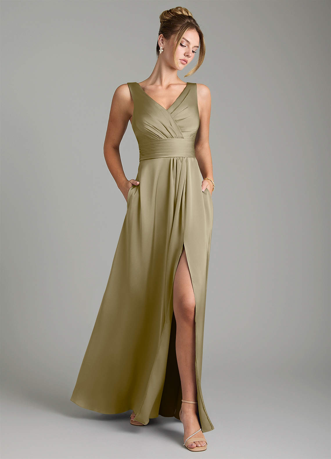 Karina A-Line V-Neck Stretch Satin Bridesmaid Dress in Moss Green