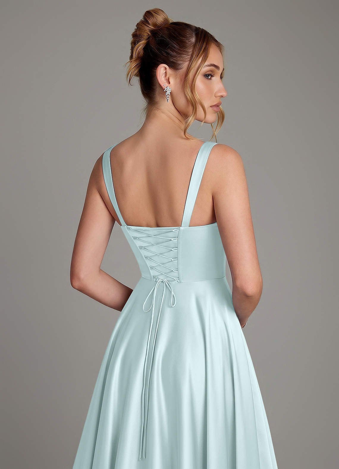Azaria A-Line Square-Neck Stretch Satin Bridesmaid Dress in Sea Glass