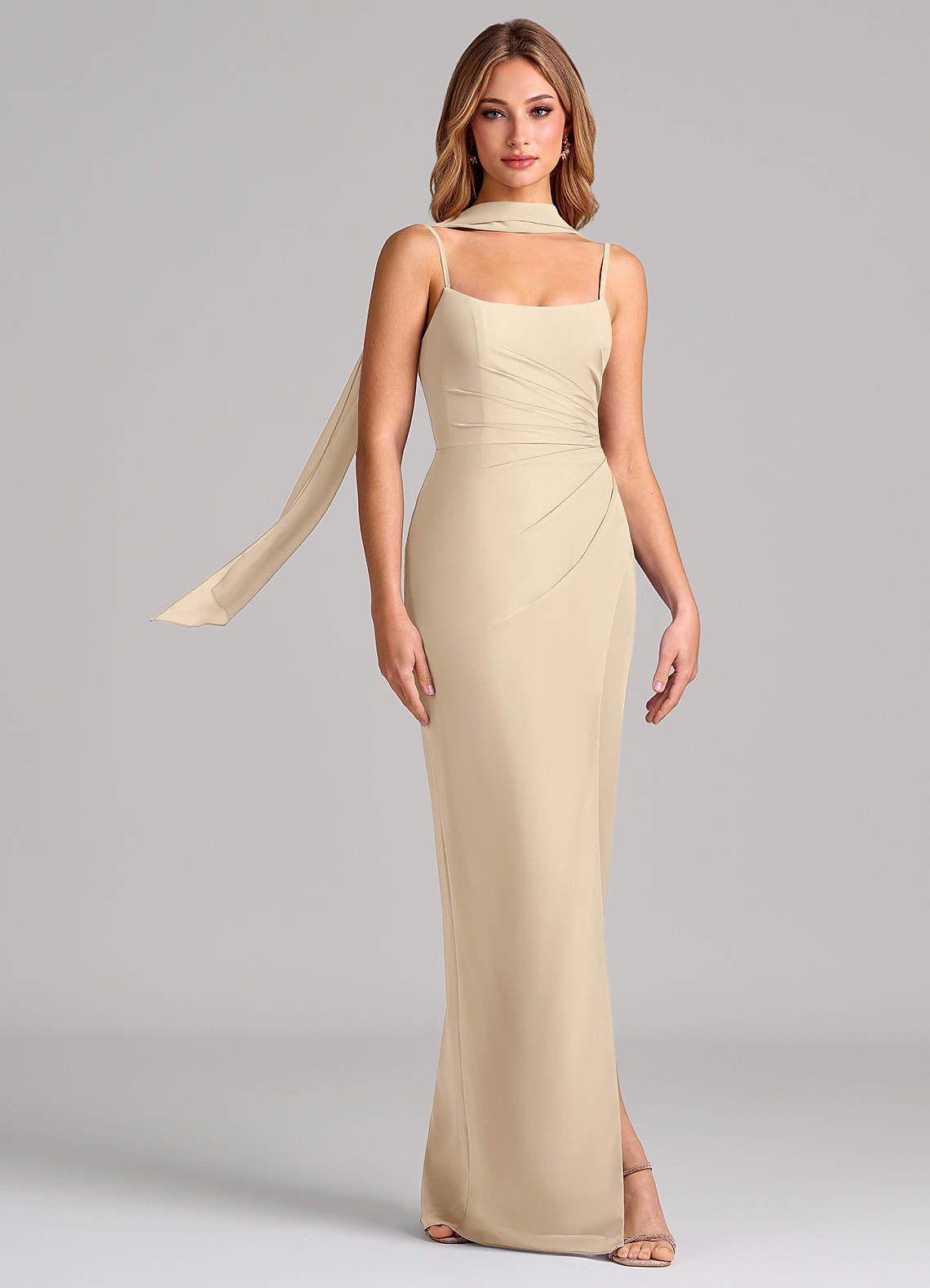 Calandra Sheath Scoop-Neck Chiffon Bridesmaid Dress in Champagne