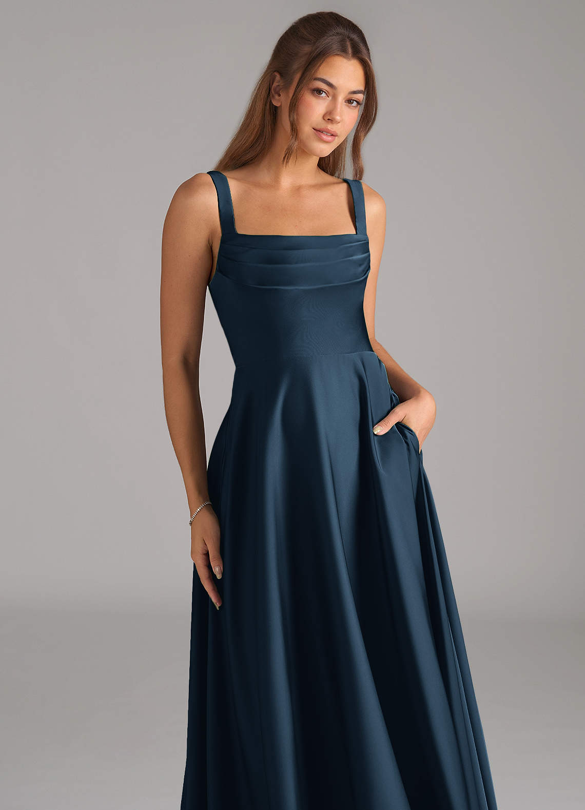 Shaude A-Line Square-Neck Stretch Satin Bridesmaid Dress in Dark Navy