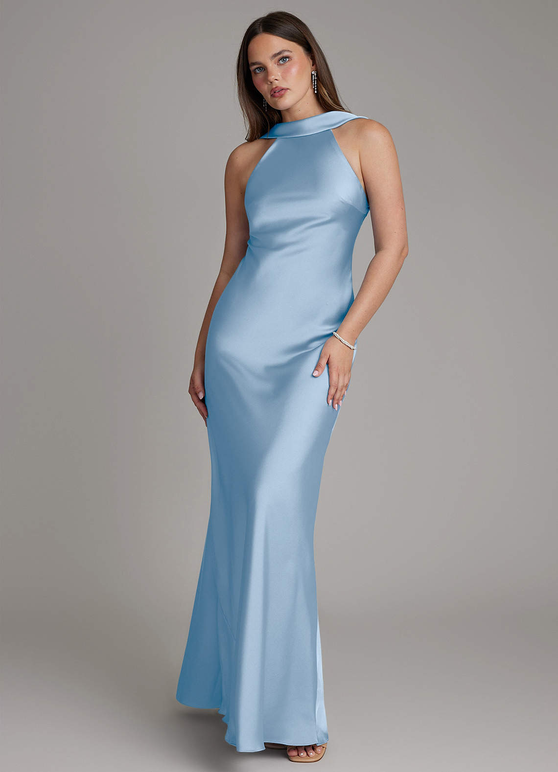 Dimitra Sheath Halter Stretch Satin Bridesmaid Dress in Powder Blue