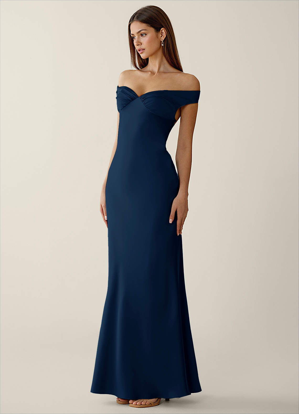 Gwendonme Sheath Off-the-Shoulder Satin Crystal Linen Evening Dress in Navy