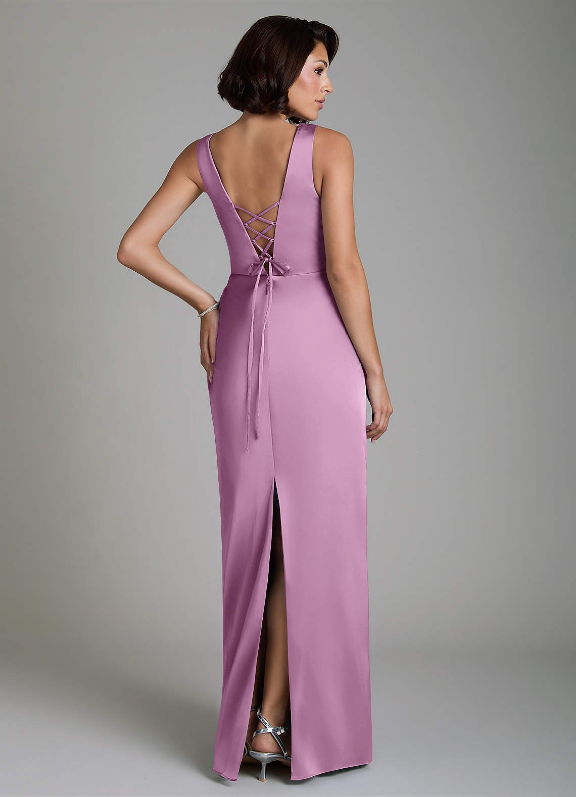 Vanya Sheath V-Neck Stretch Satin Bridesmaid Dress in Wisteria
