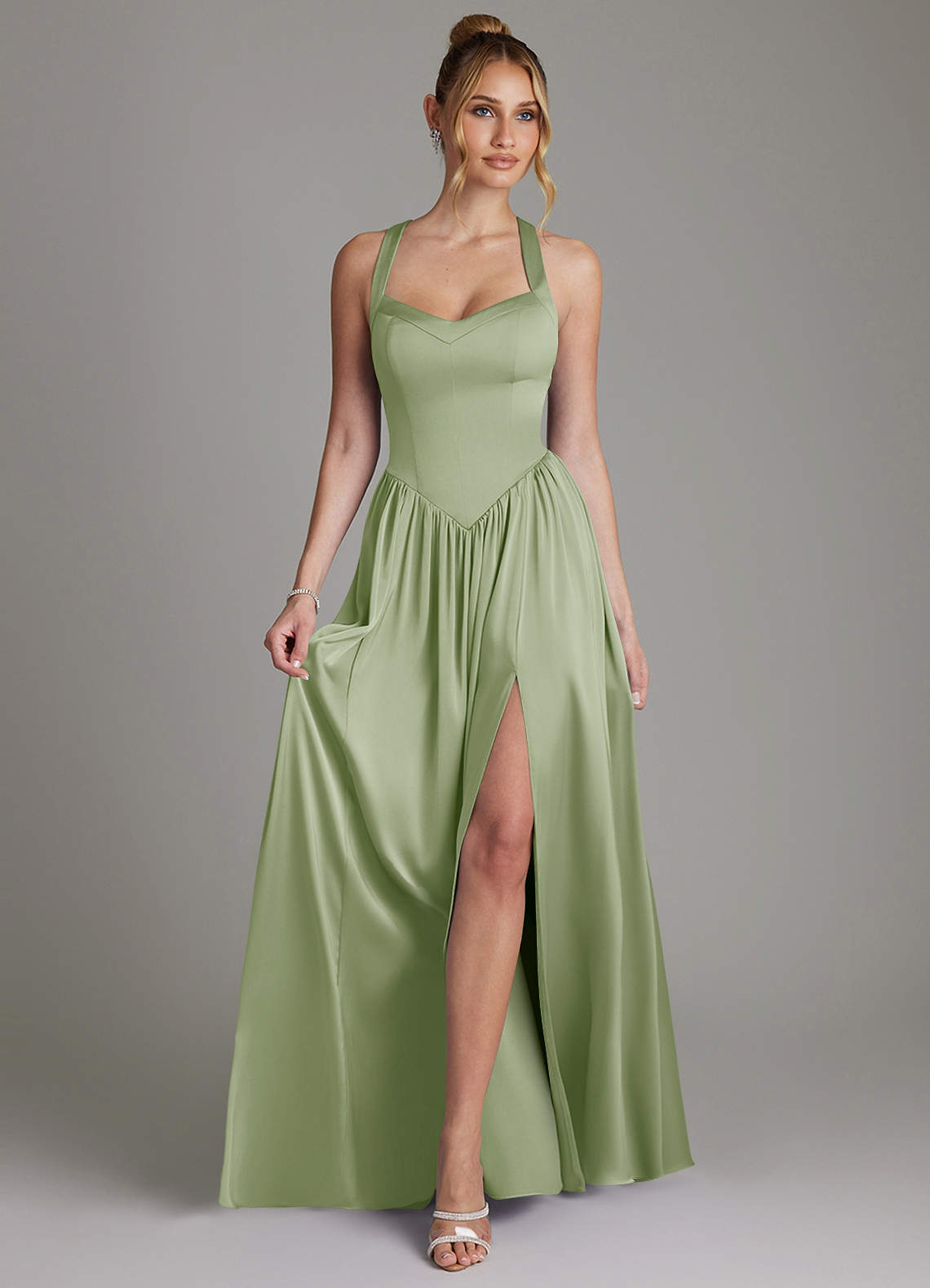 Francis A-Line V-Neck Stretch Satin Bridesmaid Dress in Dusty Sage