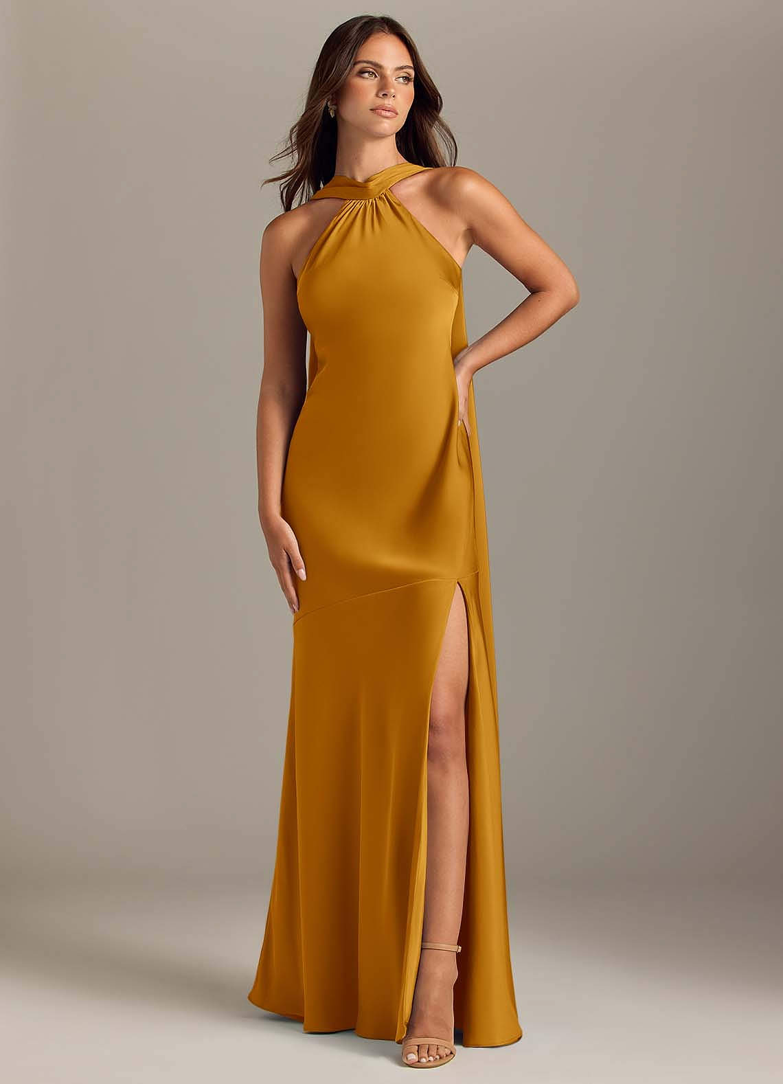 Kinsley Mermaid Halter Stretch Satin Bridesmaid Dress in butterscotch