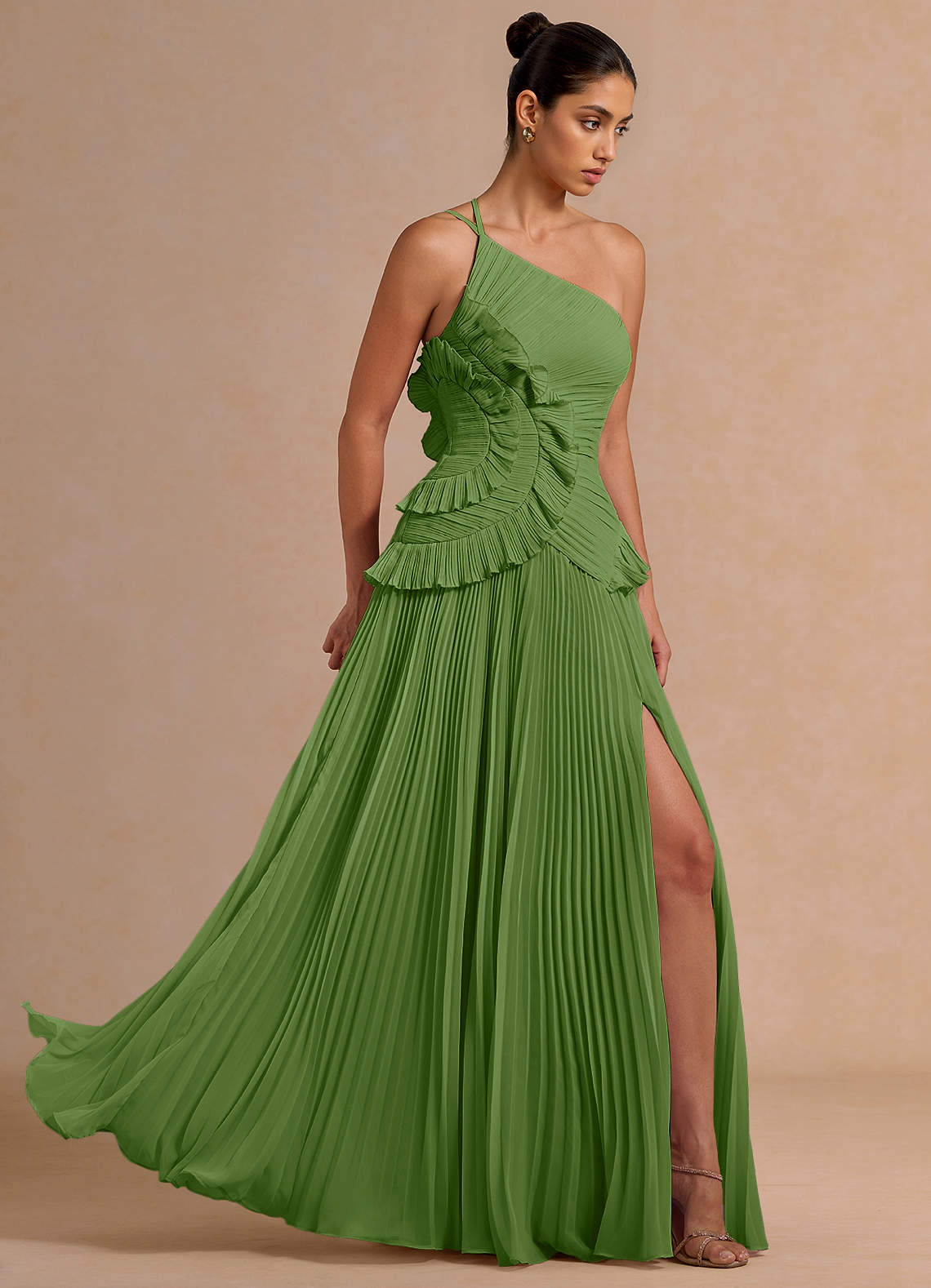 Melody A-Line One-Shoulder Chiffon Evening Dress in Herb Green