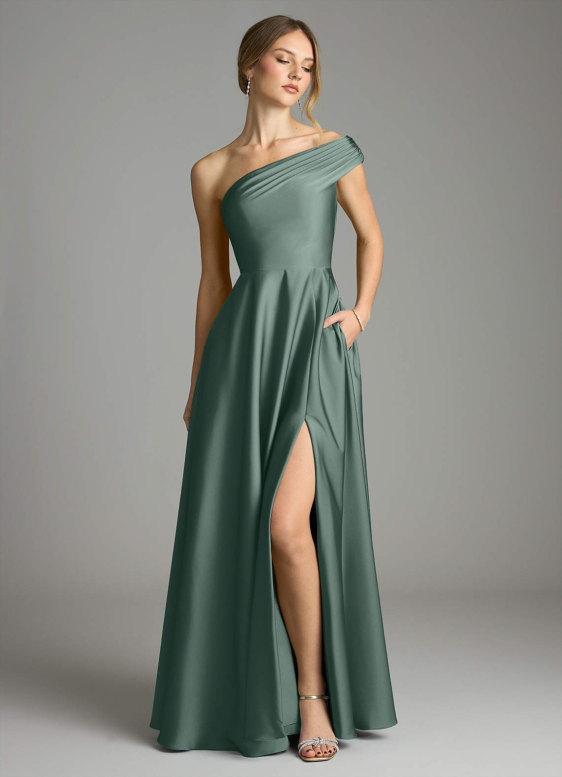 Melanie A-Line One-Shoulder Stretch Satin Bridesmaid Dress in Sea Moss
