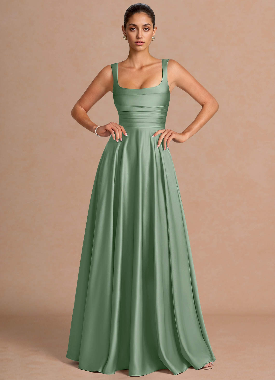 Azaria A-Line Square-Neck Stretch Satin Wedding Guest Dress in Aloe Green