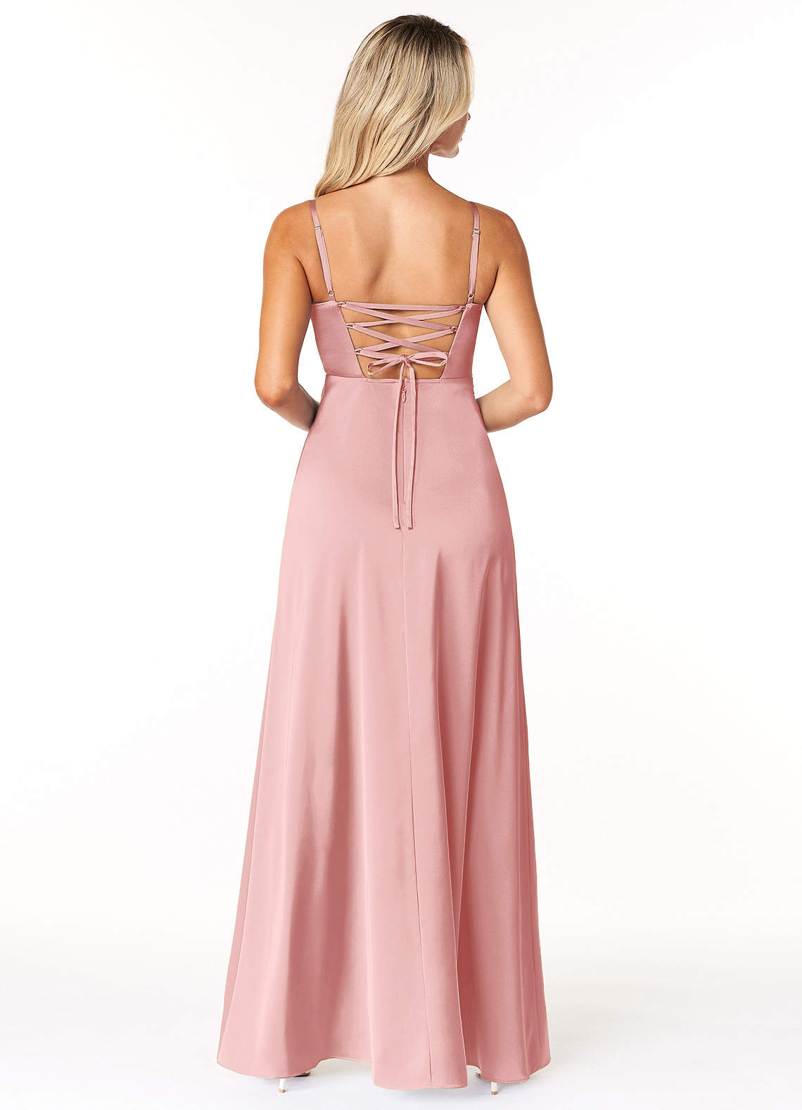 Marchella A-Line V-Neck Stretch Satin Bridesmaid Dress in Powder Pink