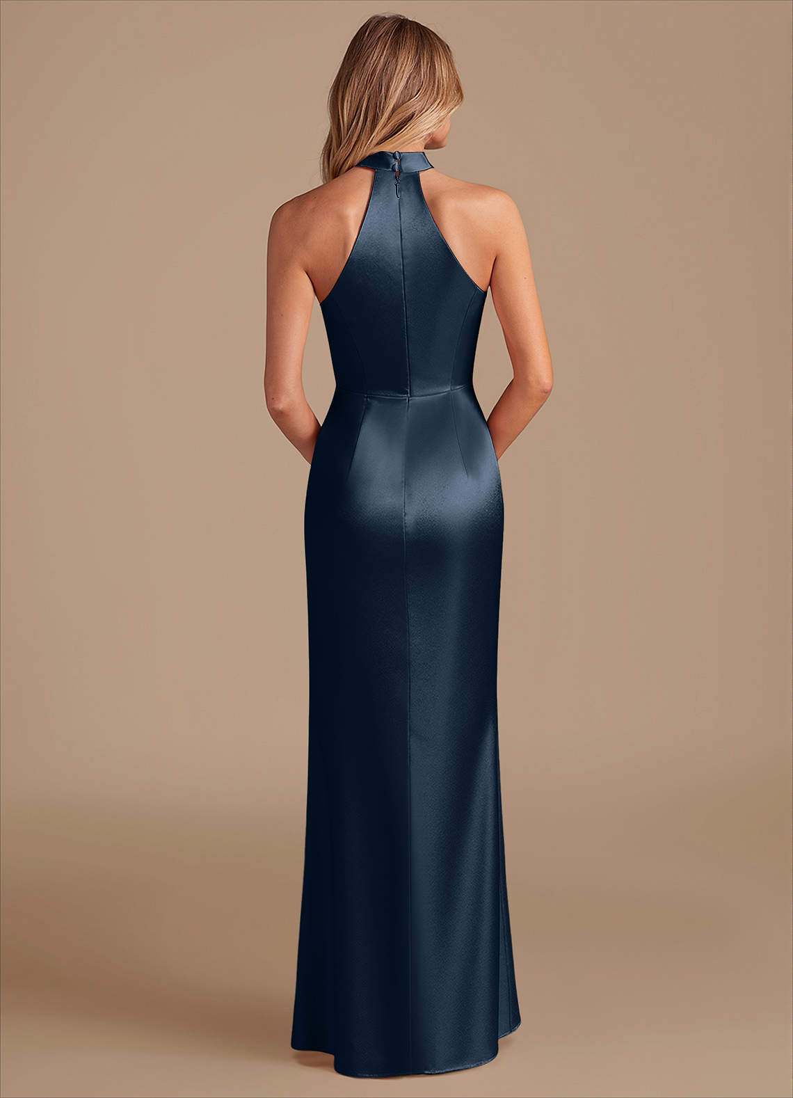 Karlotta Sheath Halter-Neck Metallic Satin Bridesmaid Dress in Dark Navy