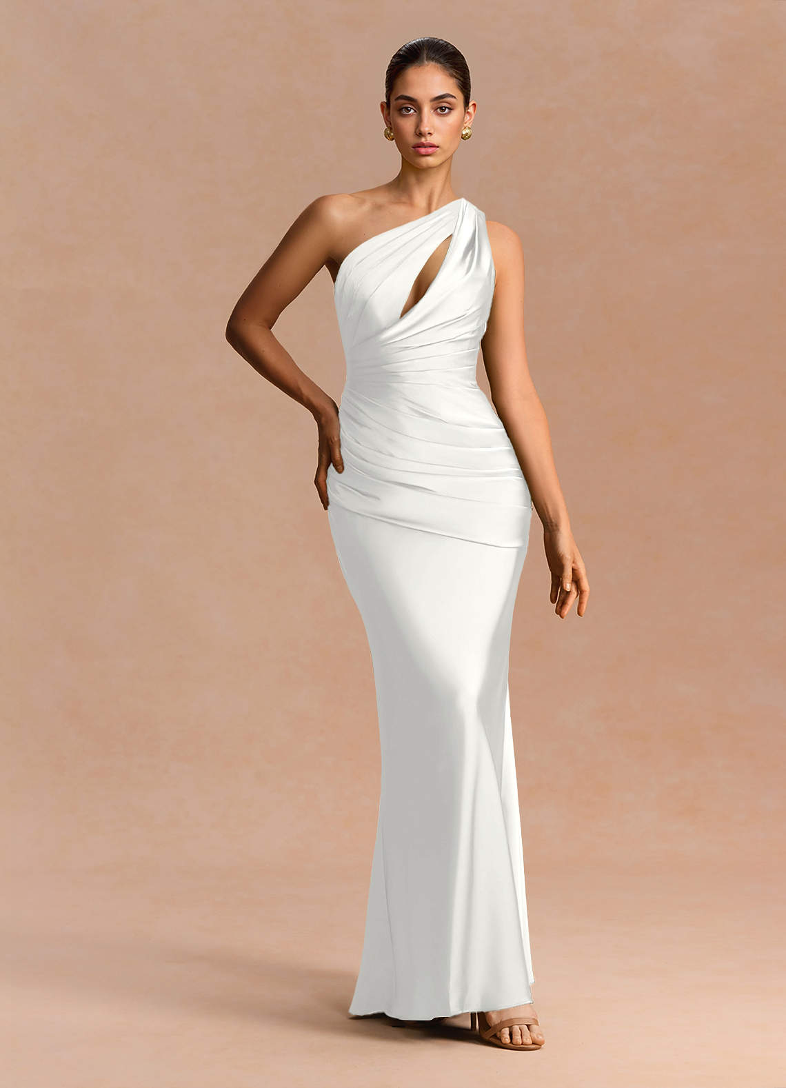 Guinevere One-Shoulder Cutout Stretch Satin Evening Dress in White