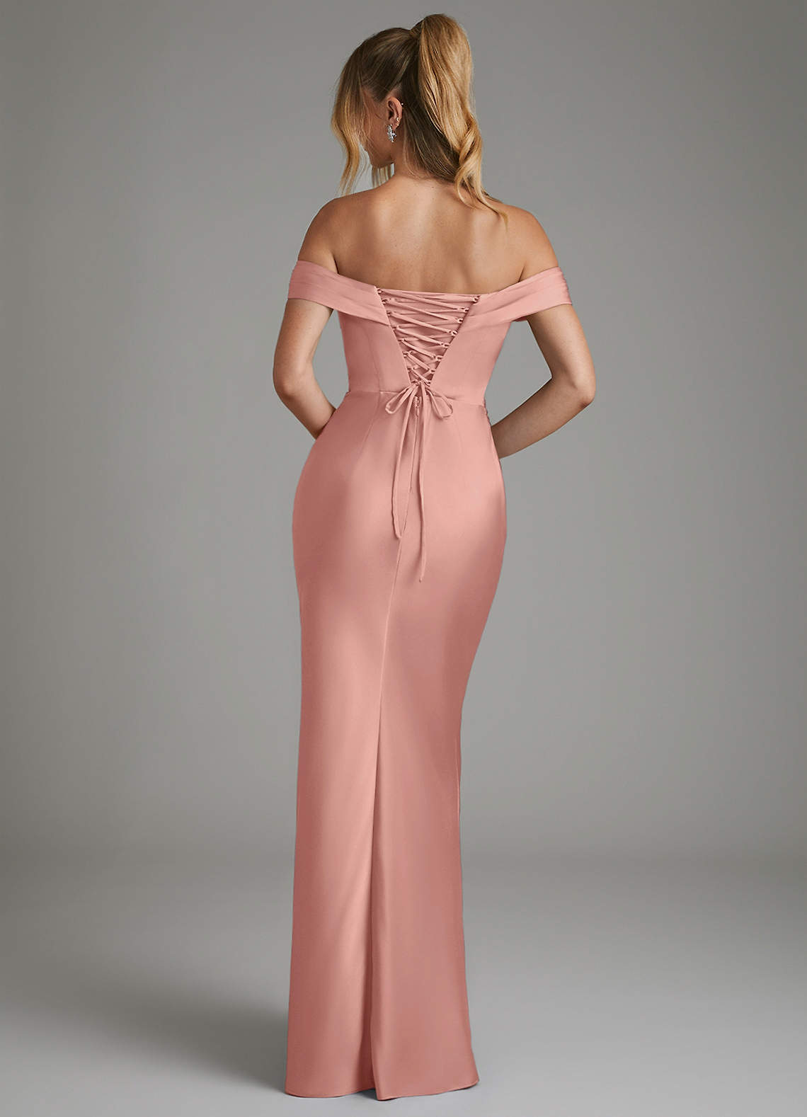 Hayden Mermaid Off-the-Shoulder Stretch Satin Bridesmaid Dress in Rosette