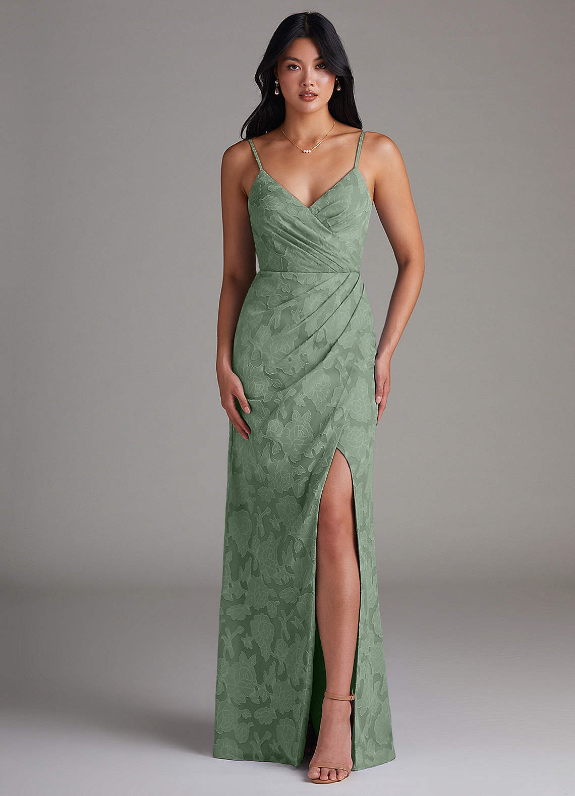 Maci Sheath V-Neck Floral Burnout Bridesmaid Dress in Matcha