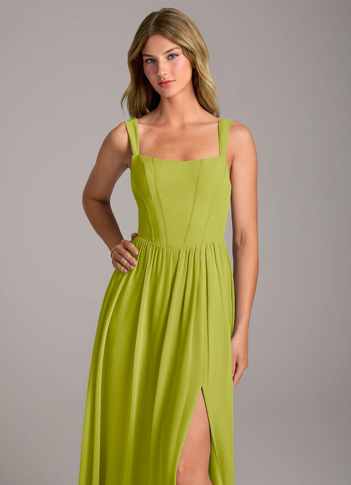 Rosaline A-Line Square-Neck Chiffon Bridesmaid Dress in Lemongrass