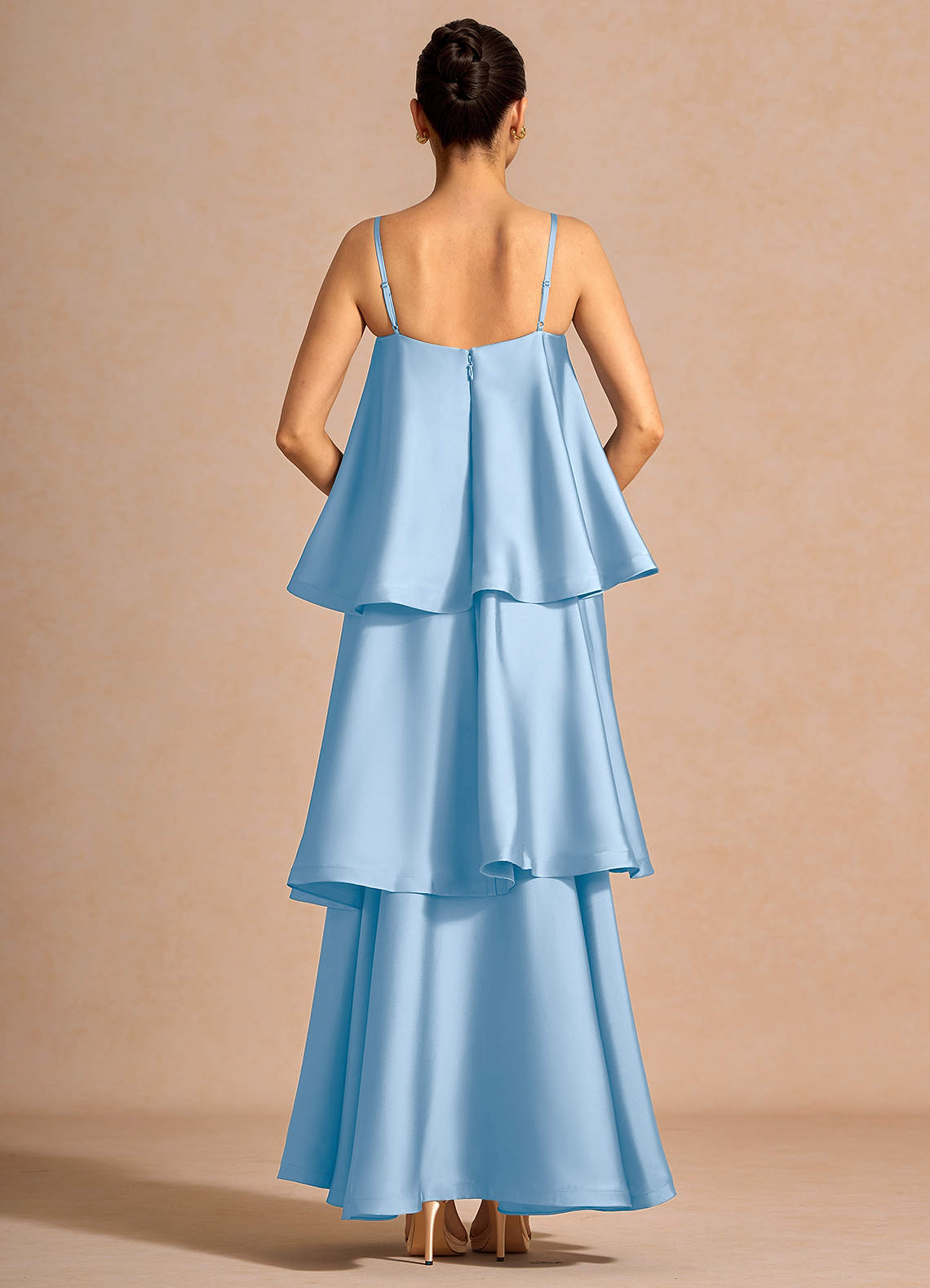 Itasca A-Line Tiered Stretch Satin Wedding Guest Dress in Haze blue