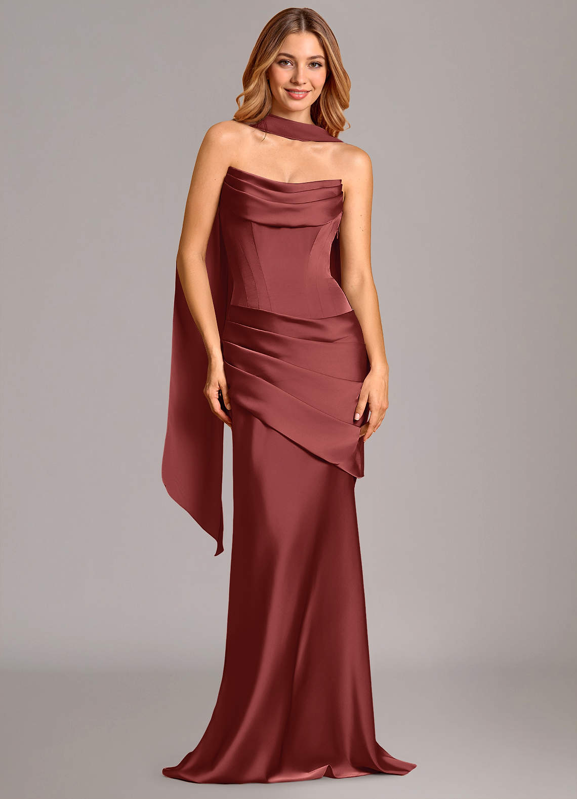 Pelagia Mermaid Cowl-Neck Stretch Satin Bridesmaid Dress in Terracotta