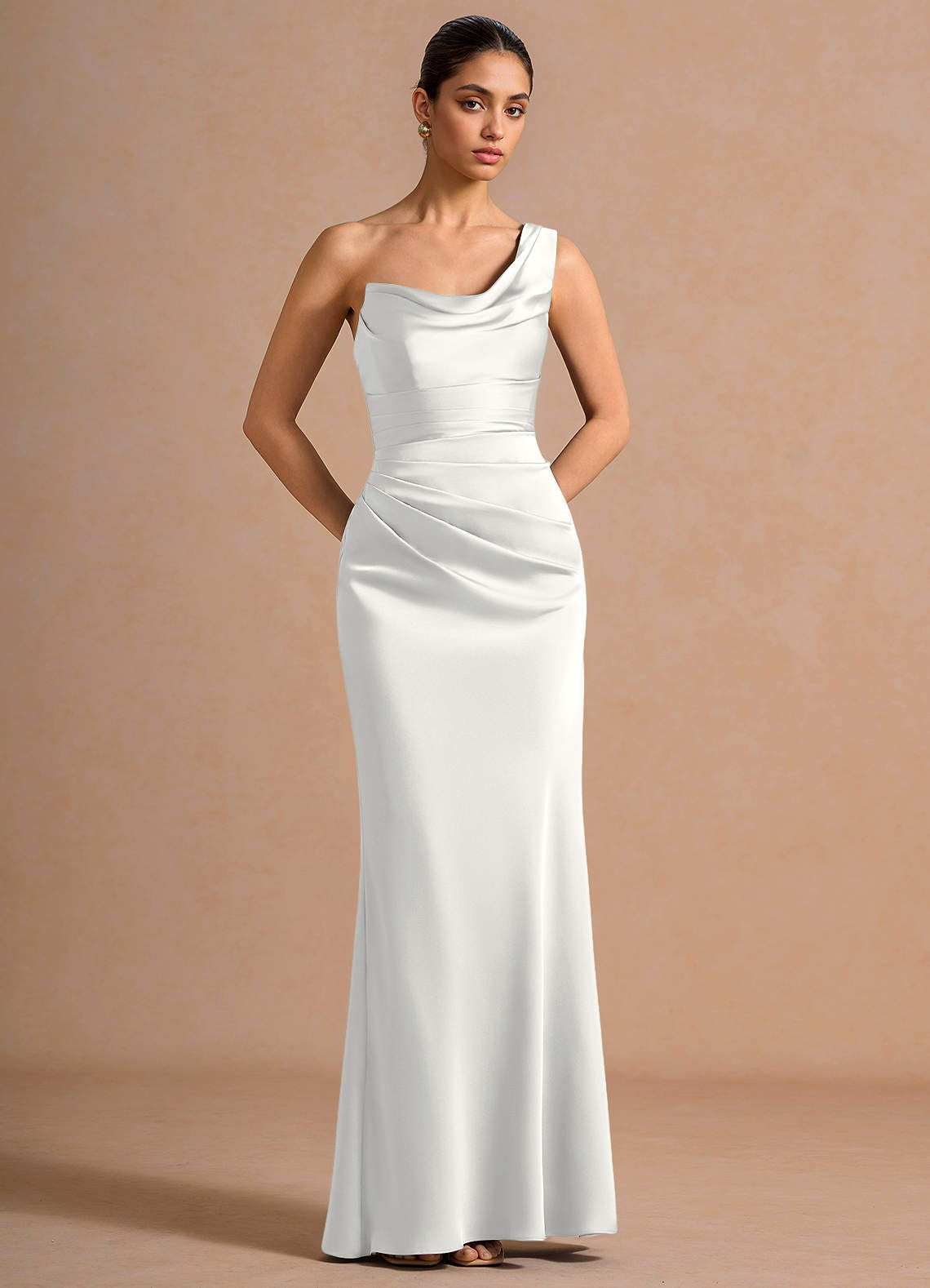 Cassiopeia One-Shoulder Draped Stretch Satin Evening Dress in White