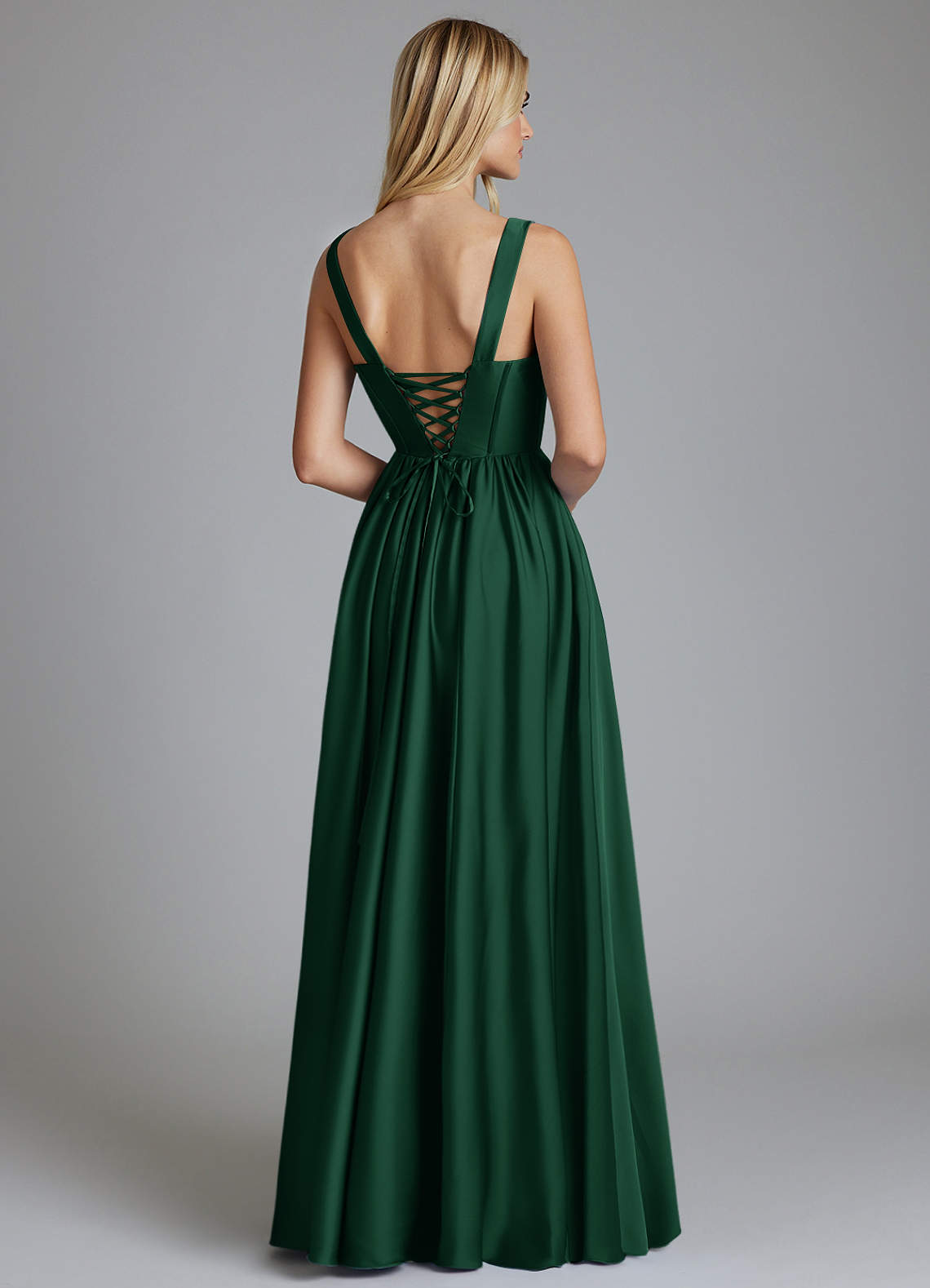 Delmie A-Line V-Neck Stretch Satin Bridesmaid Dress in Dark Green