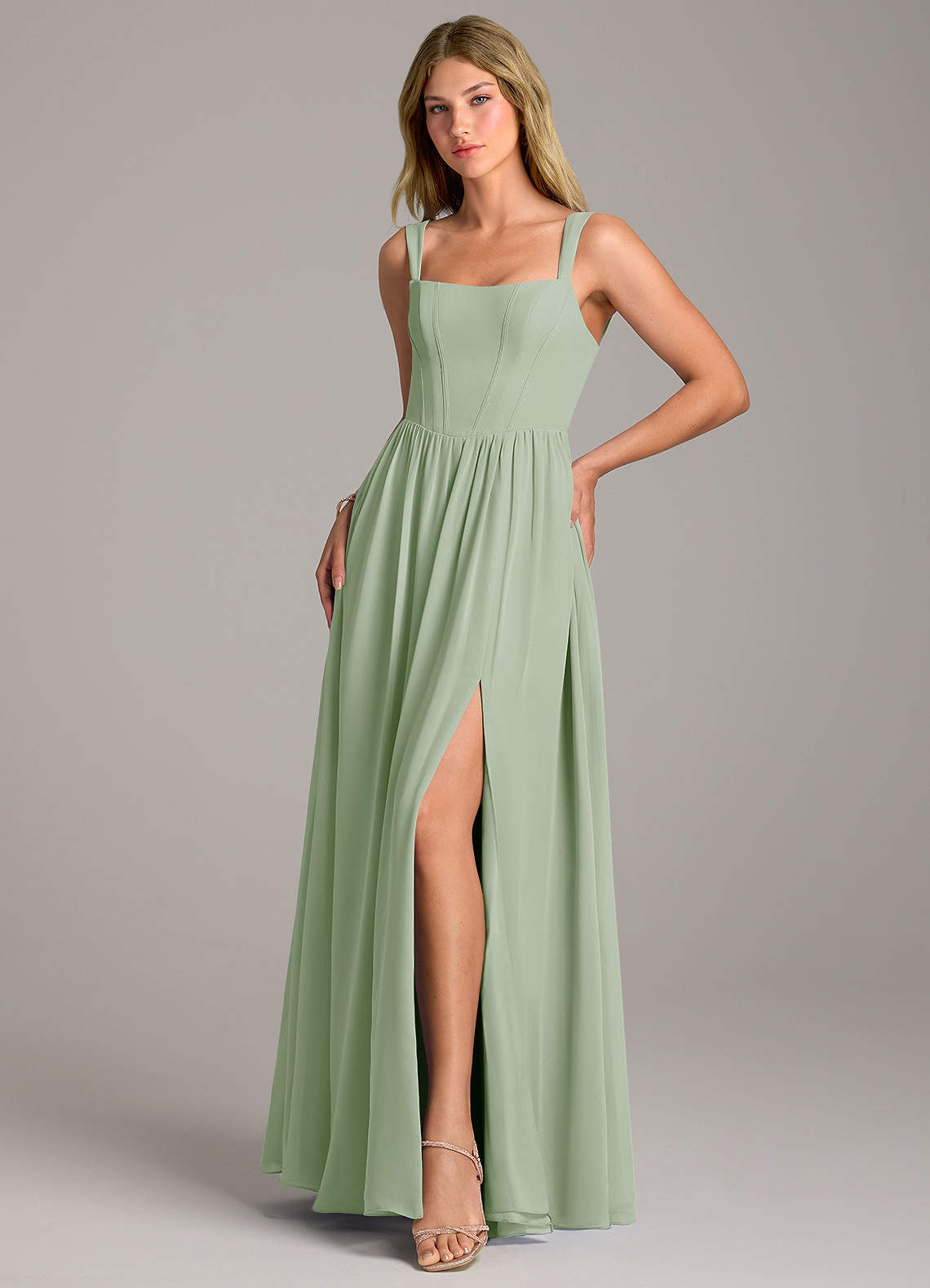 Rosaline A-Line Square-Neck Chiffon Bridesmaid Dress in Dusty Sage