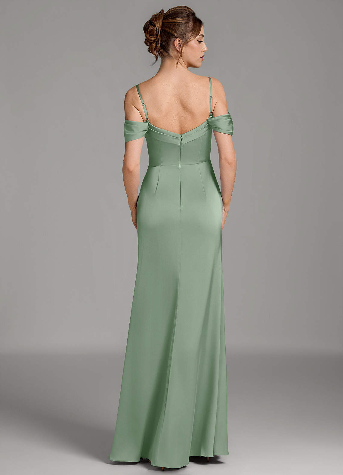 Wyatt Mermaid Off-the-Shoulder Stretch Satin Bridesmaid Dress in Matcha