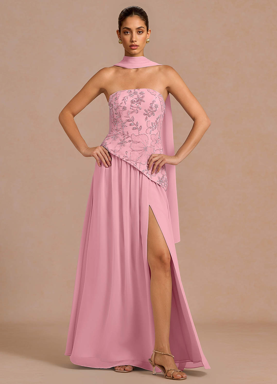 Galatea Sky Blue A-Line Floral Chiffon Evening Dress in White
