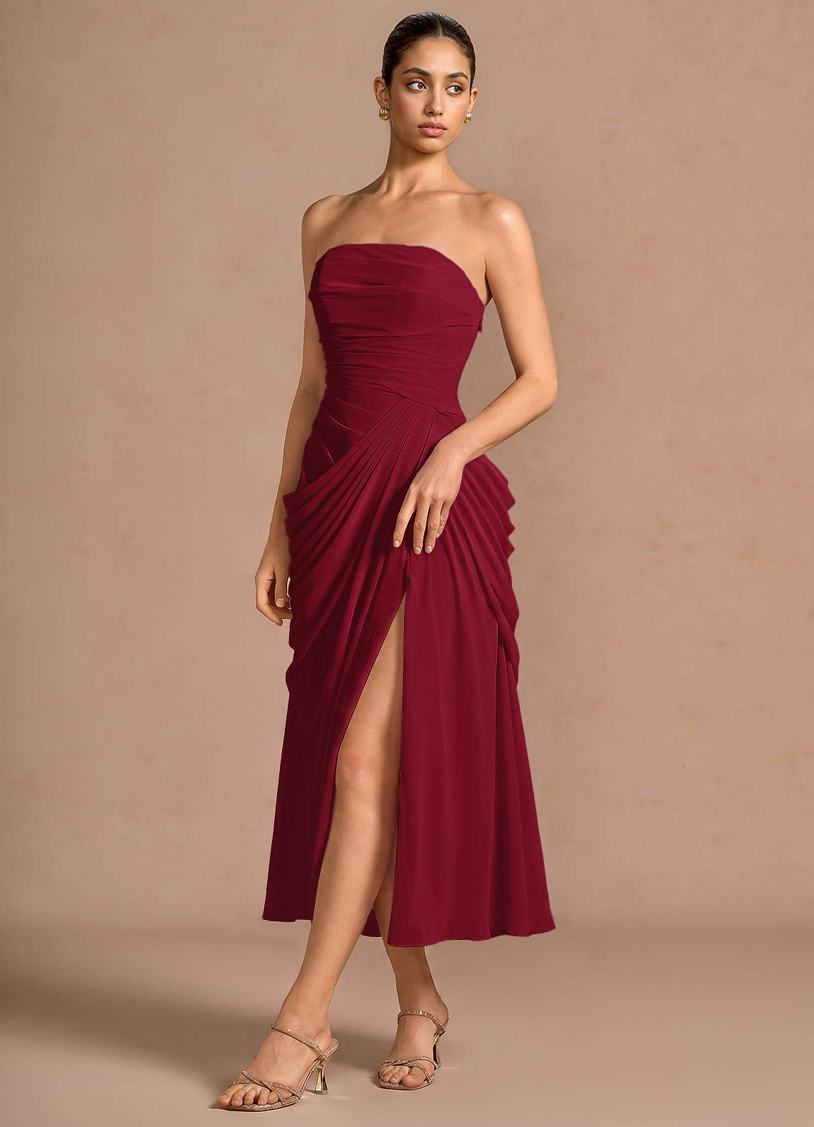 Kaavia Column Pleated Chiffon Midi Evening Dress in Merlot