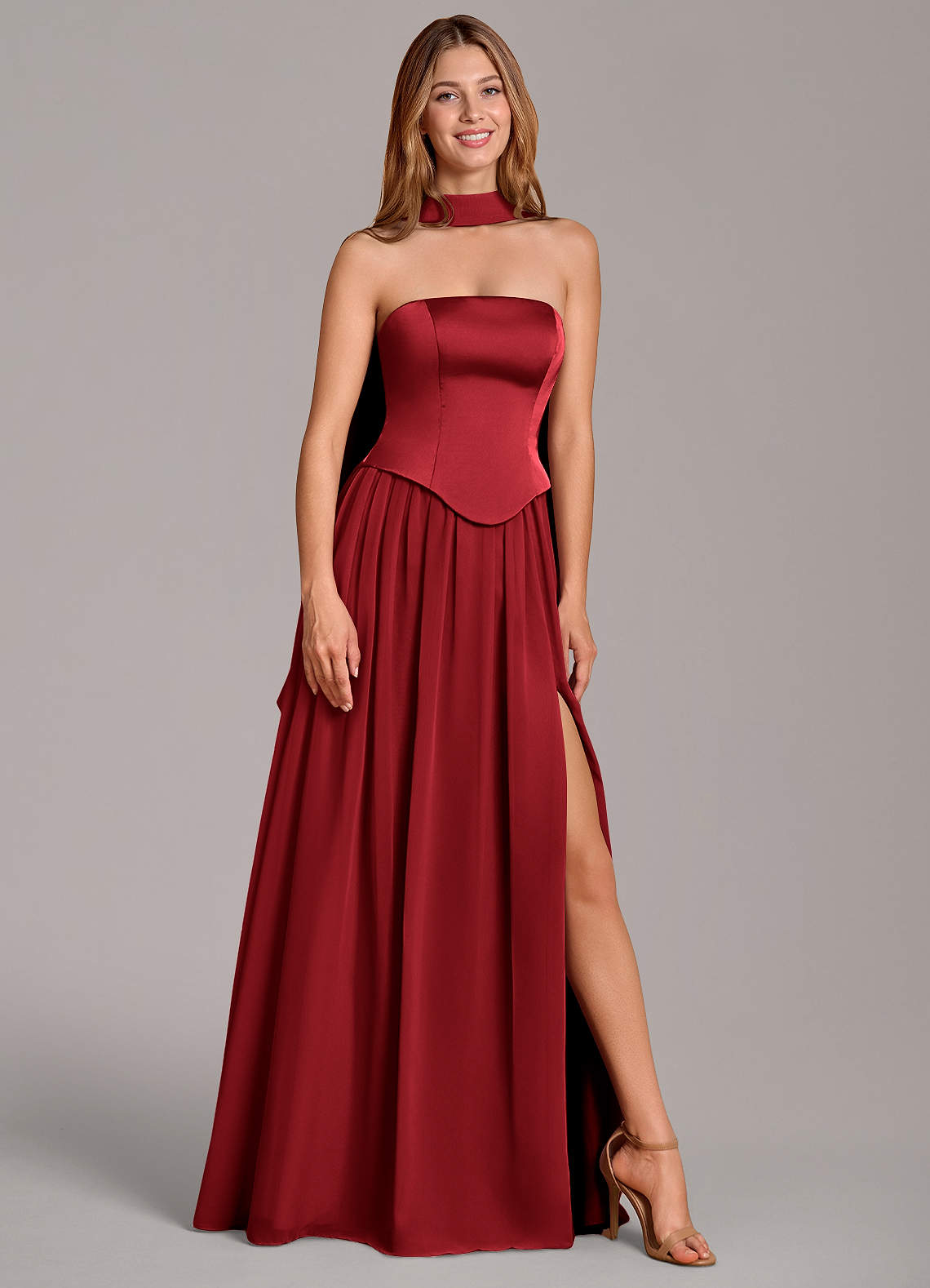 Cadence A-Line Strapless Chiffon and Stretch Satin Bridesmaid Dress in Scarlet