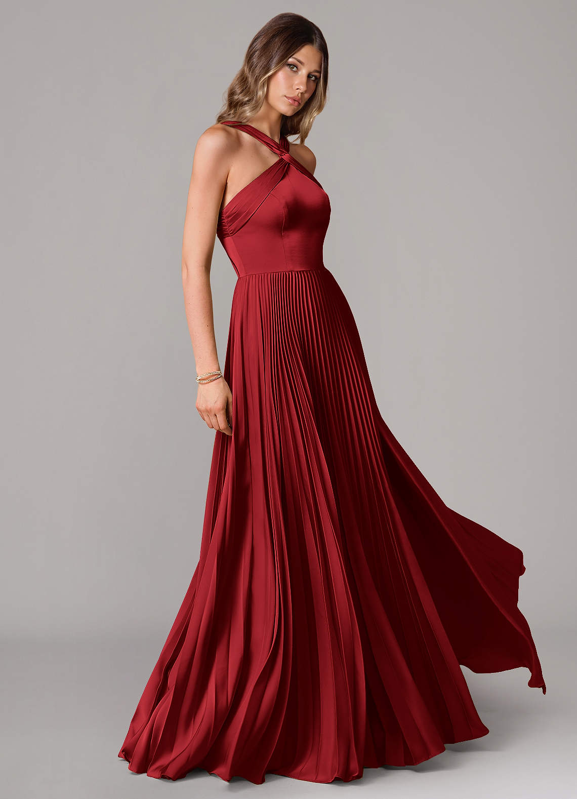 Afra A-Line Halter-Neck Stretch Satin Bridesmaid Dress in Scarlet