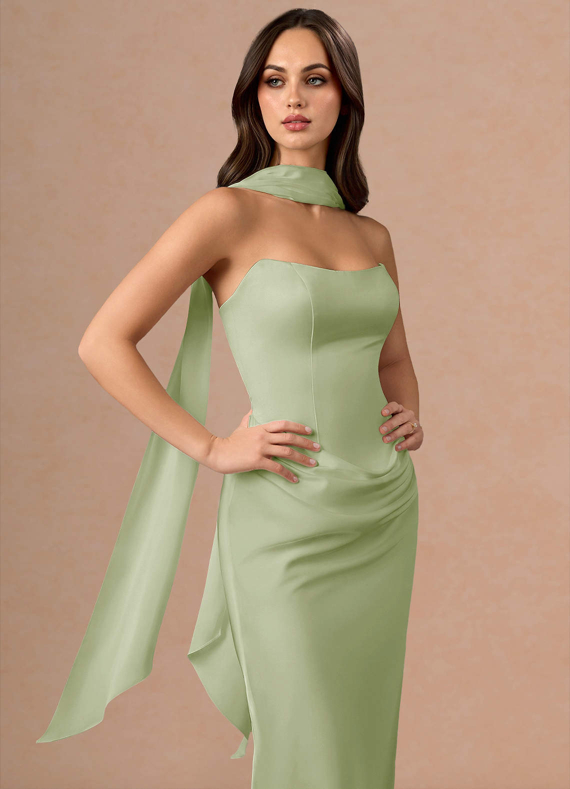 Valencia Scarf Lace-Up Stretch Satin Evening Dress in Light Green