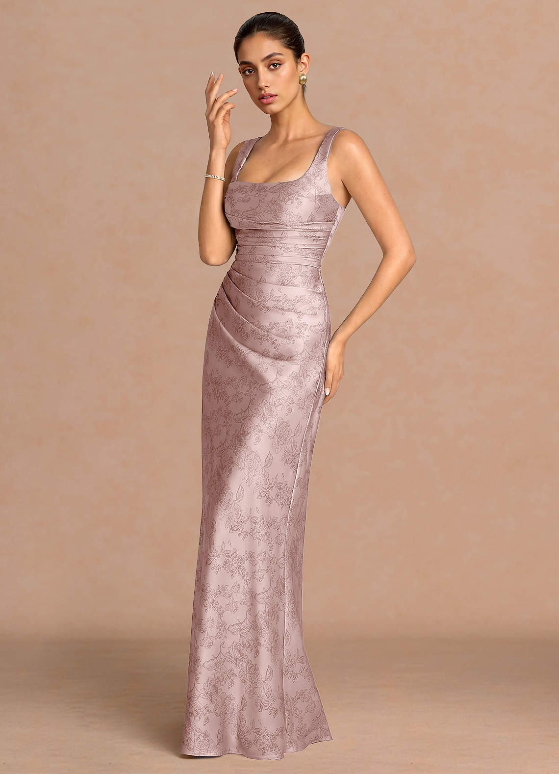 Agustina Square-Neck Pleated Jacquard Evening Dress in Moss Navy