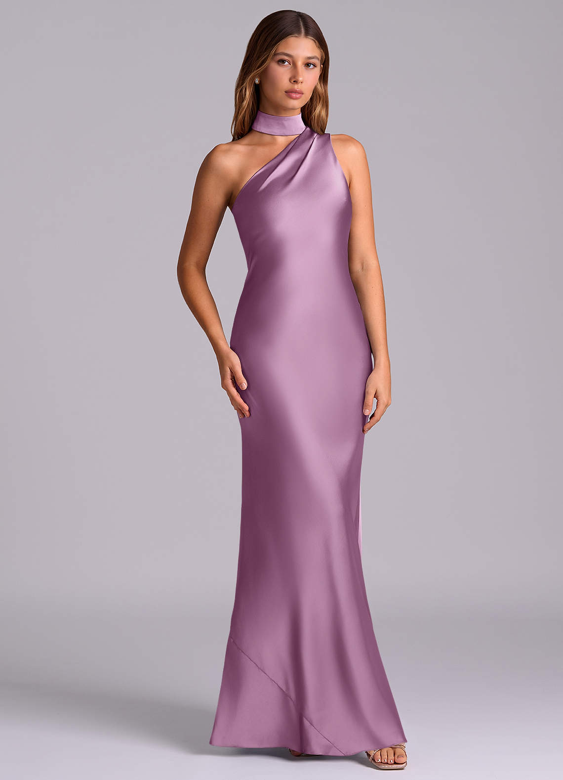 Seona Mermaid One-Shoulder Stretch Satin and Tulle Bridesmaid Dress in Wisteria