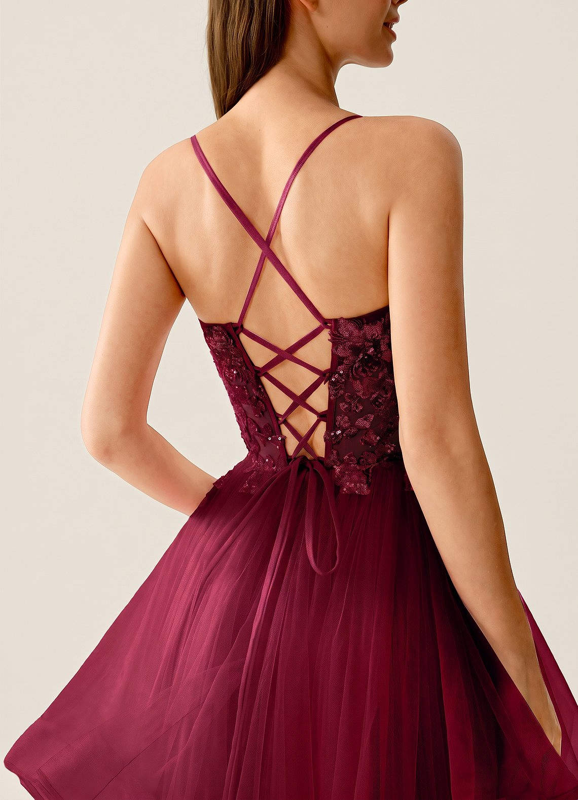 Mosaic A-Line V-Neck Tulle Evening Dress in Burgundy