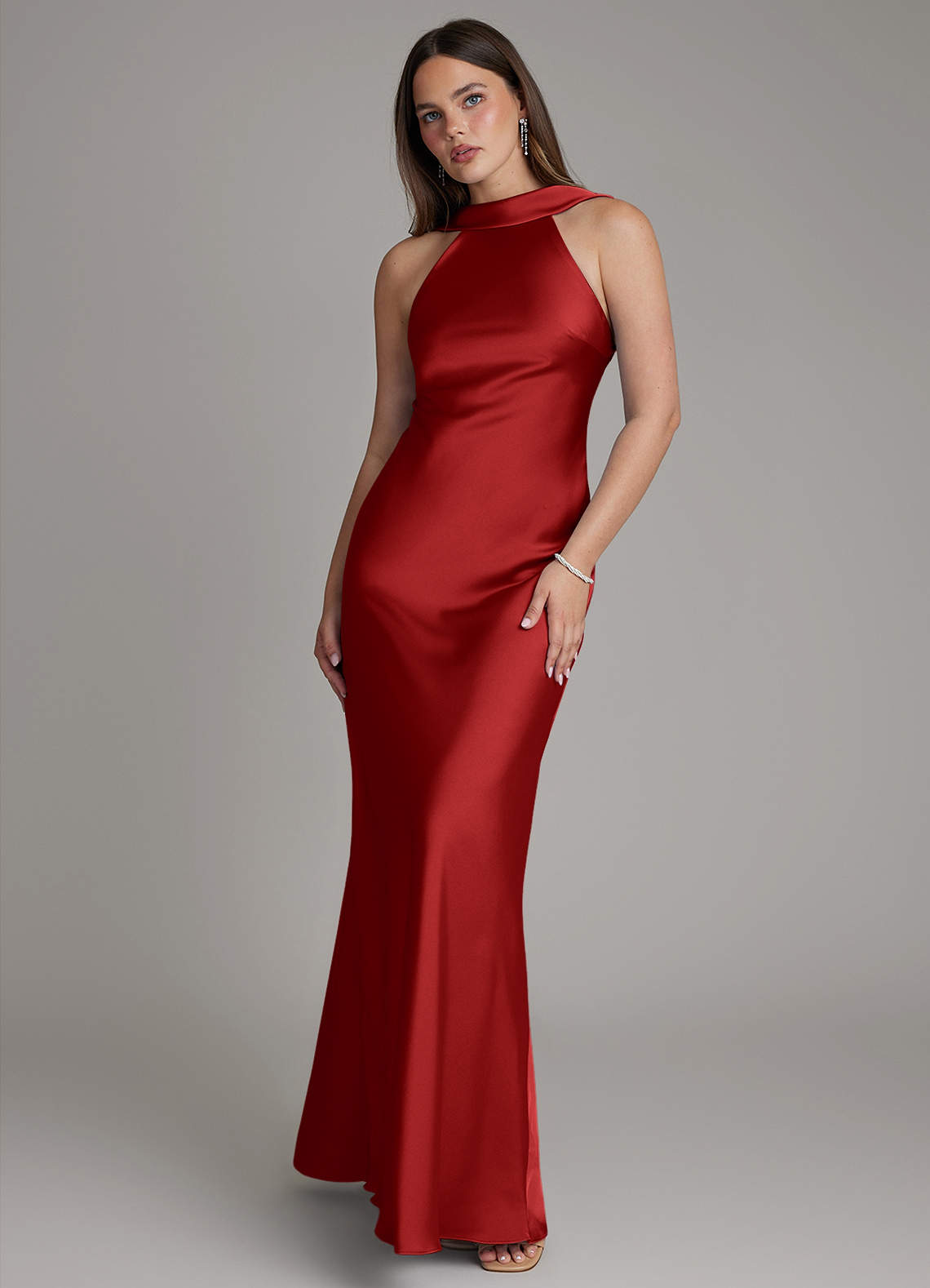 Dimitra Sheath Halter Stretch Satin Bridesmaid Dress in Pomegranate