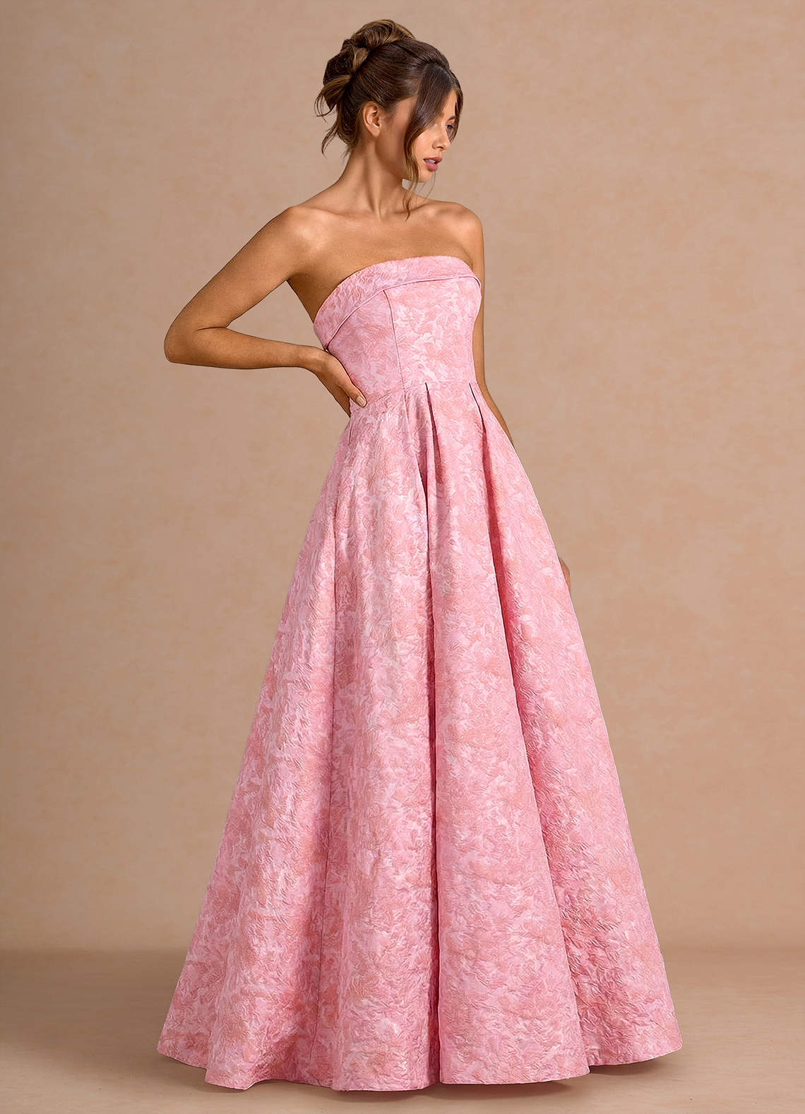 Emberlyn A-Line Strapless Jacquard Evening Dress in Pink Multi
