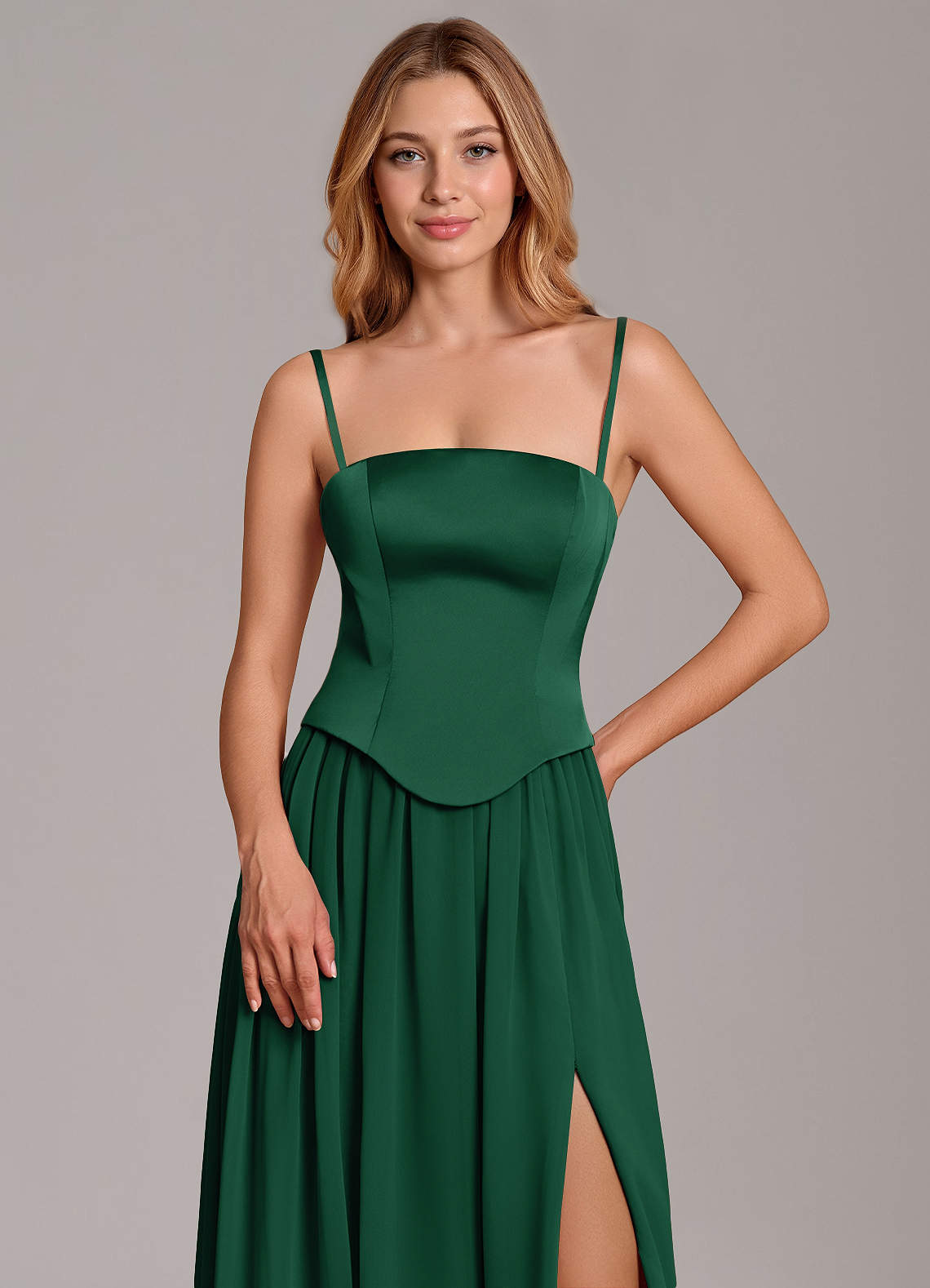 Cadence A-Line Strapless Chiffon and Stretch Satin Bridesmaid Dress in Dark Green