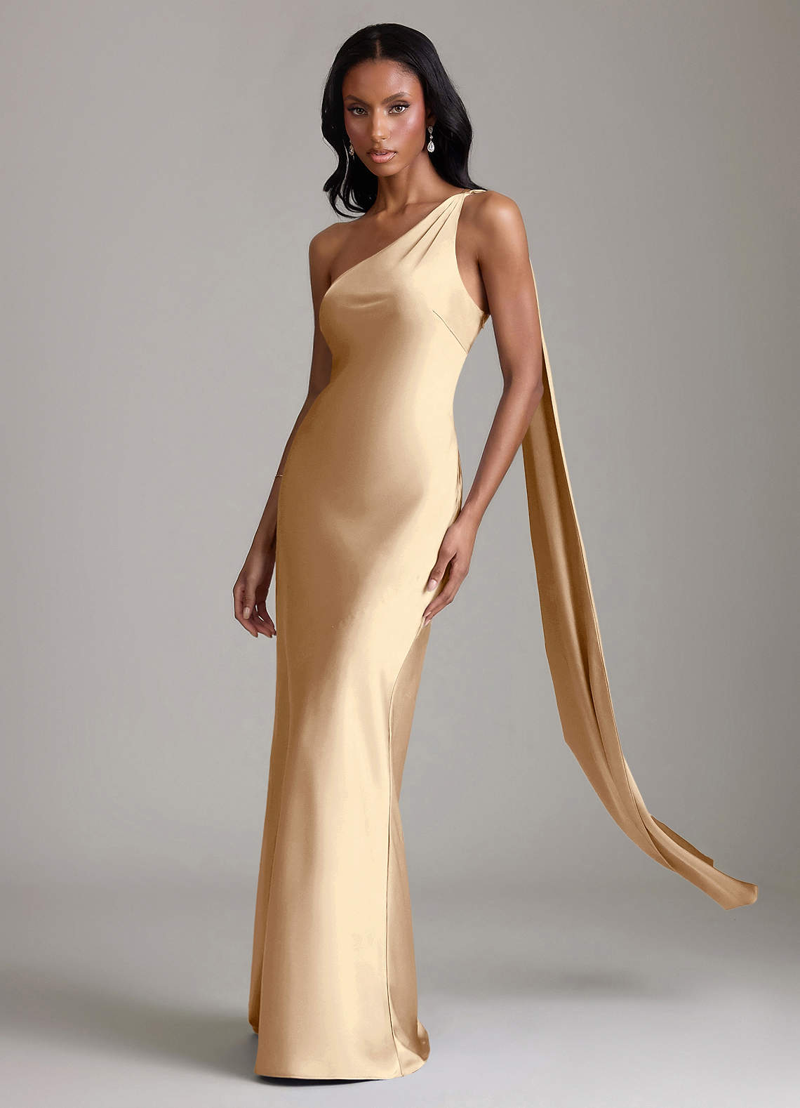 Juniper Mermaid One-Shoulder Stretch Satin Bridesmaid Dress in Champagne