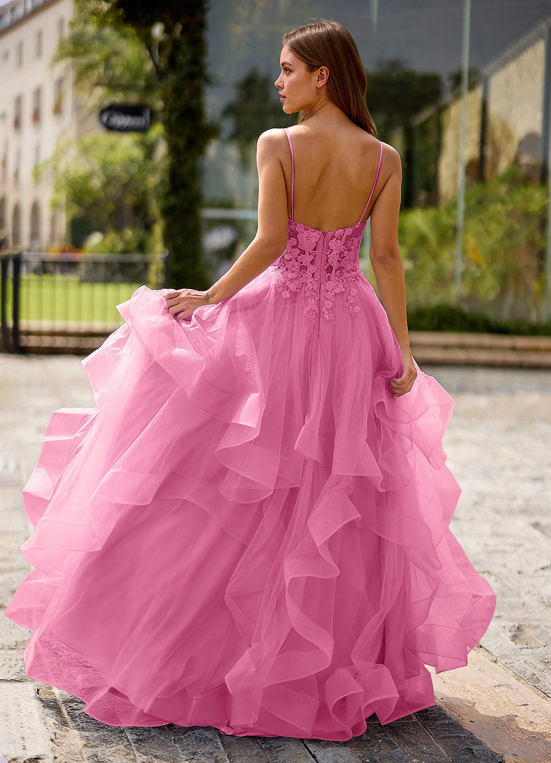 Spitze Ball Gown Sweetheart Lace Tulle Evening Dress in candy pink