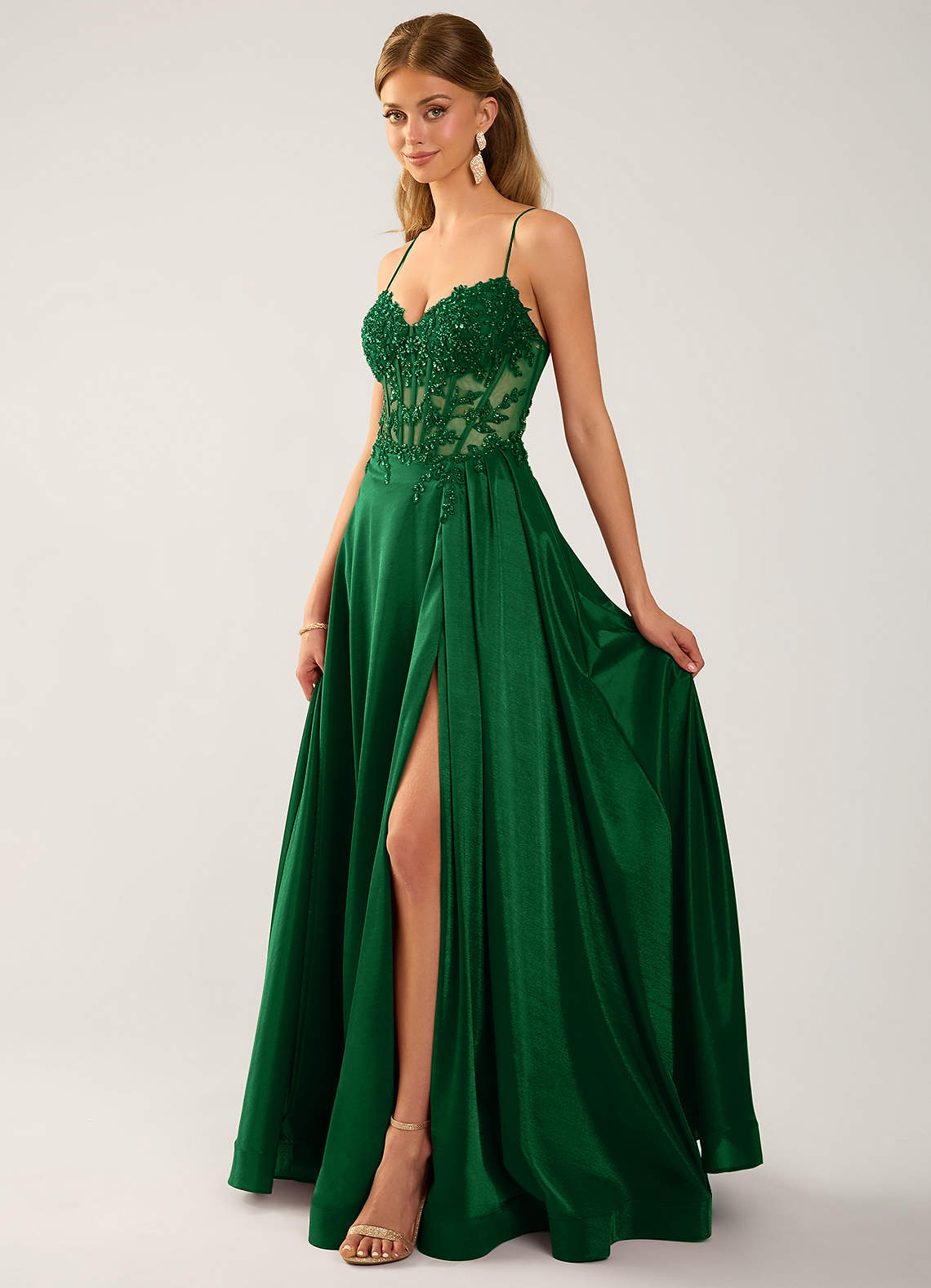 Isoldemark A-Line Sweetheart Satin Evening Dress in Dark Green