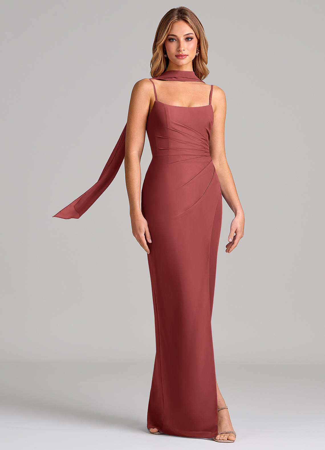 Calandra Sheath Scoop-Neck Chiffon Bridesmaid Dress in Terracotta