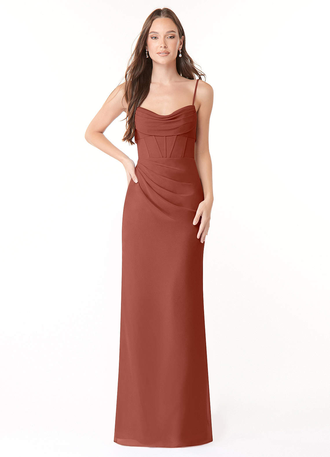 Mai Sheath Cowl-Neck Chiffon Bridesmaid Dress in Auburn
