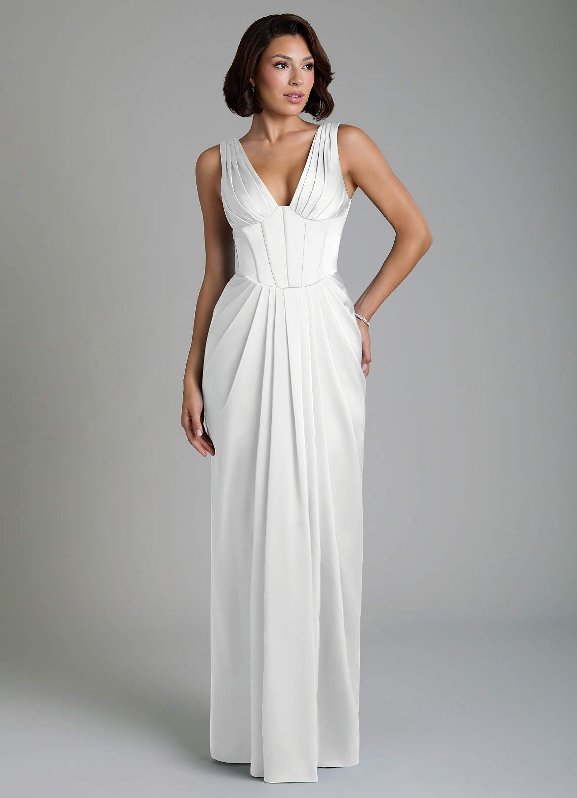 Vanya Sheath V-Neck Stretch Satin Bridesmaid Dress in white