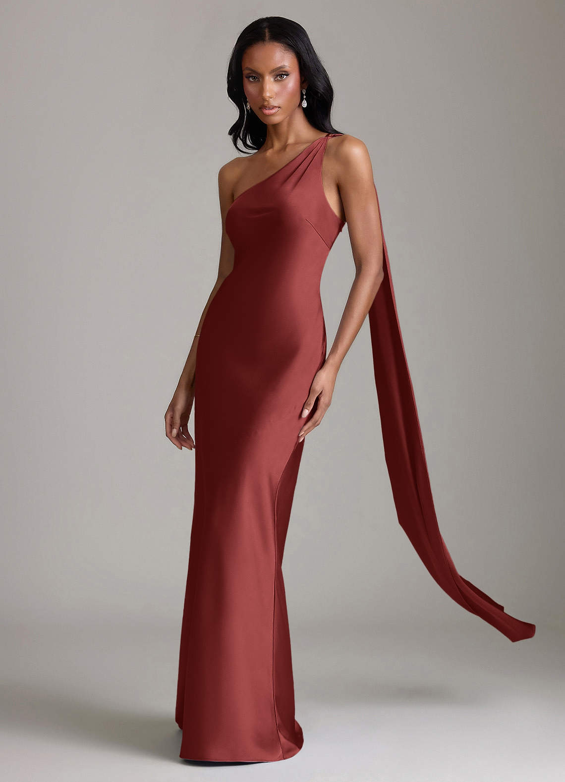 Juniper Mermaid One-Shoulder Stretch Satin Bridesmaid Dress in Terracotta