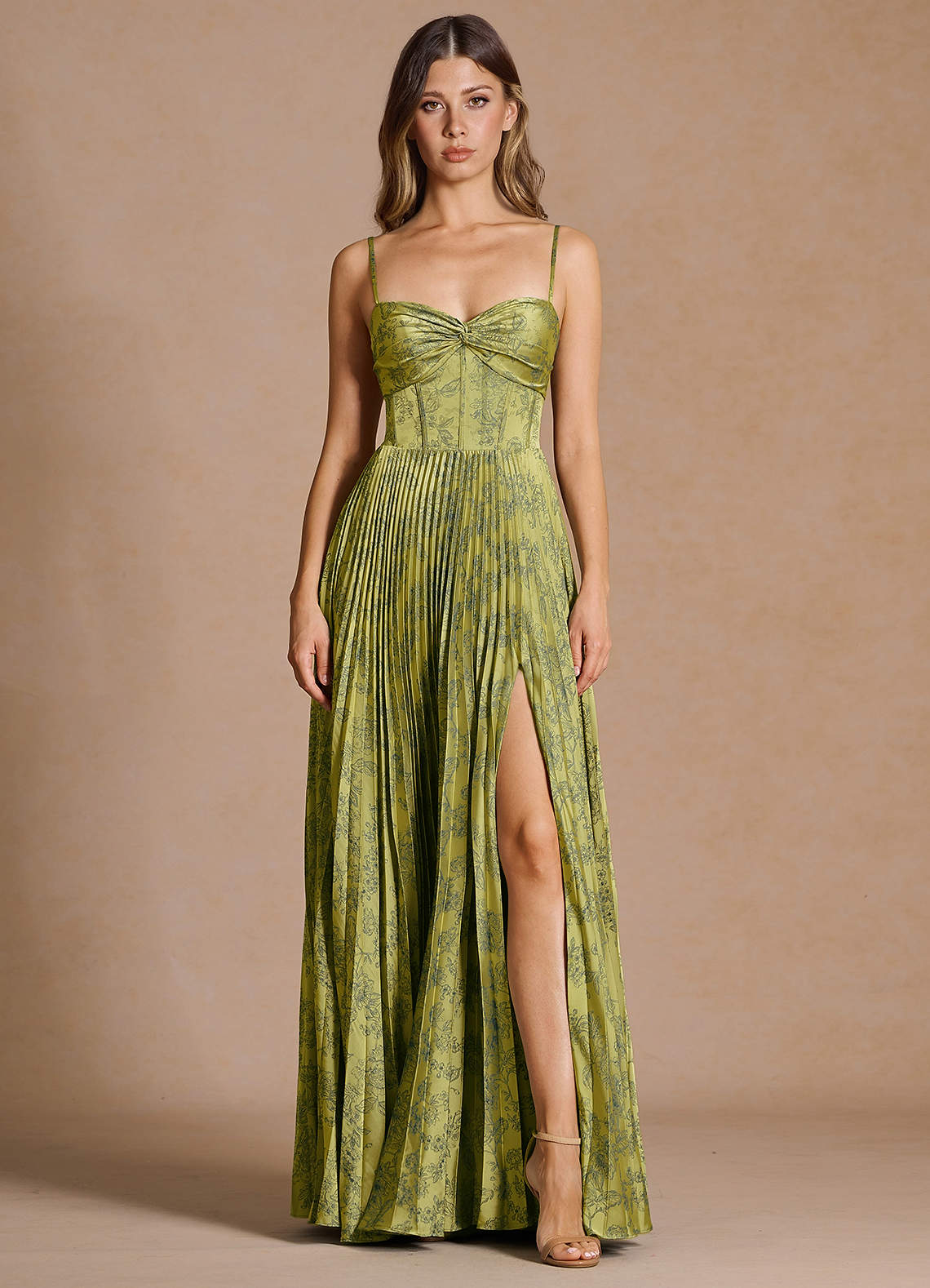 Vesper Pleated Knot-Neck Jacquard Wedding Guest Dress in Moss Navy
