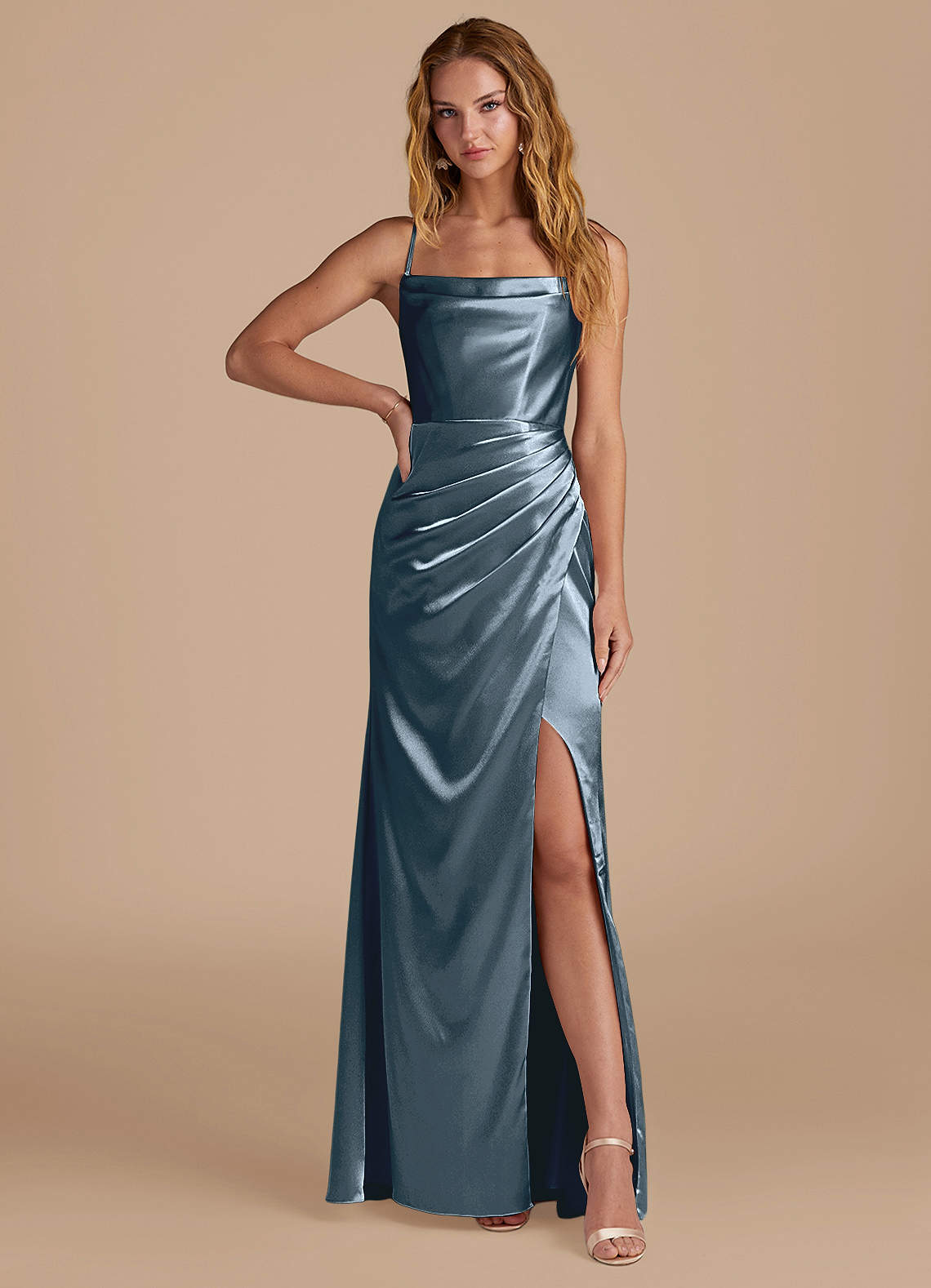Marzia Mermaid Square-Neck Metallic Satin Bridesmaid Dress in Twilight